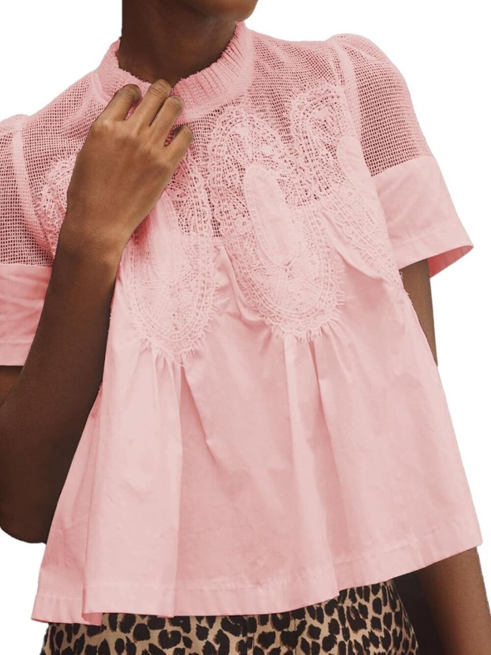 Women Lace-Detail Flared Blouse Short-Sleeve Crew Neck Lace Poplin Mesh Swing To